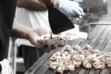 Grill mollusk, mussel cooking seafood street food