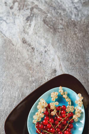 Red and white ripe currant on a blue plate. Dark wood background.の写真素材