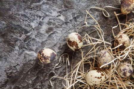 Little quail eggs in the straw. stone backgroundの写真素材