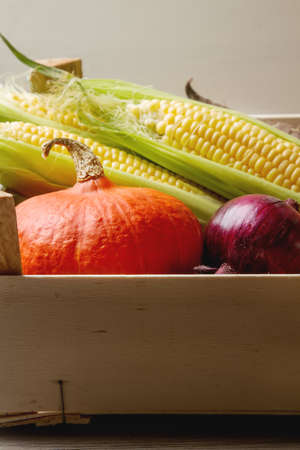 Ripe yellow corn and a pumpkin colored carrots in a box. Autumn shopping, Wooden Background.の写真素材