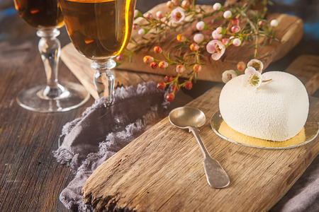 Delightful, luxury, romantic mousse cake in the form heart. Valentine's Day on February 14.の写真素材