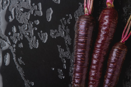 Ripe black carrots. Dark stone background. Autumn harvest.の写真素材