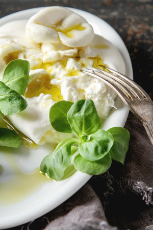 Italian fresh burrata cheese in a ceramic mash with green salad and olive oil. Dark backgroundの写真素材