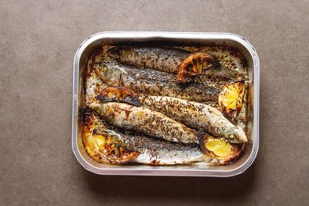 Cornish sardines. For grill and BBG. Dark backgroundの写真素材