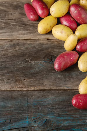 Body multicolored potatoes, Dark background. The farm market. Food for a vegan and a vegetarian. Diet, detox, food conceptの写真素材