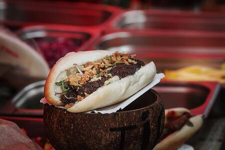Asian sandwich with meat and fried onions