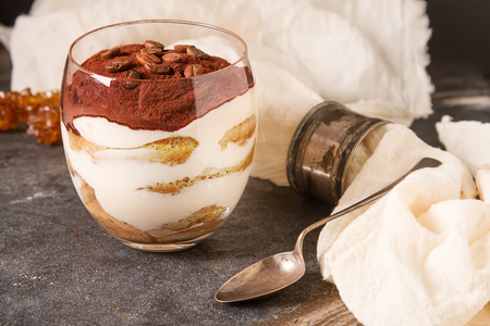 Italian traditional dessert tiramisu. Dark backgroundの写真素材