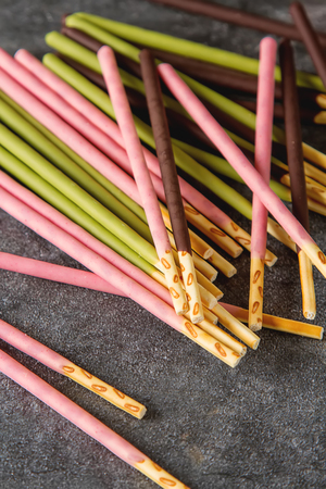 Box for cookies with bright flogging. Japan sweets. dark backgroundの写真素材