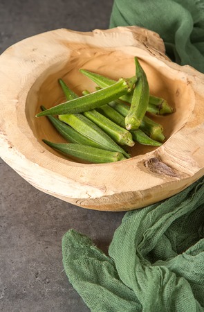 Lady Fingers or Okra. Dark background. , Space for texの写真素材
