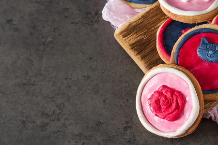 Ginger biscuits with multi-colored mastic. Children's birthday. Dark backgroundの写真素材