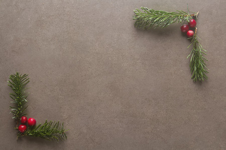 Christmas tree branch cranberries. Dark gray stone backgroundの写真素材