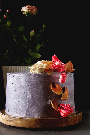 Chocolate cake with flowers for birthday. Dark backgroundの写真素材