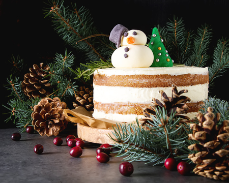 Christmas biscuit cake, Christmas tree branches, toys. A delicious holiday. Dark backgroundの写真素材