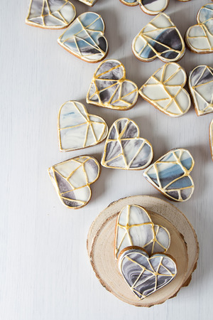 Ginger honey cakes in the form of a heart for Valentine's Day. Light backgroundの写真素材