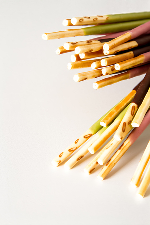 Box for cookies with bright flogging. Japan sweets. Bright white backgroundの写真素材