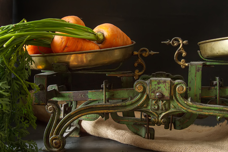 Young carrots. Fresh vegetarian products. Delicious food for children. Dark backgroundの写真素材