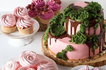 Sweet table. Cake, cake, marshmallow. Light backgroundの写真素材