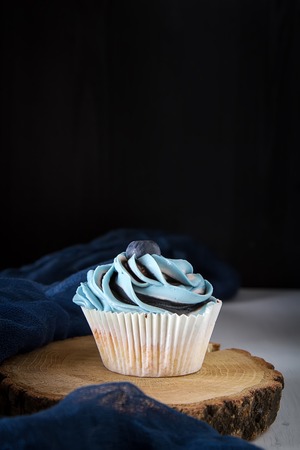Mini dessert. Capercake with blue cream. Dark backgroundの写真素材
