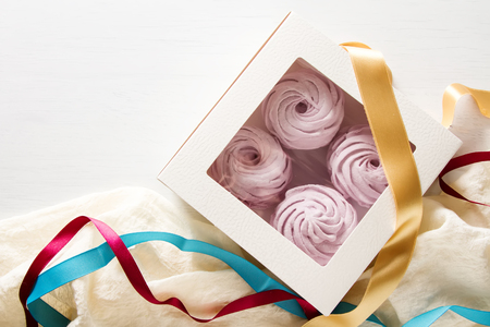 Pink marshmallows, sweet, delicate dessert. Light backgroundの写真素材