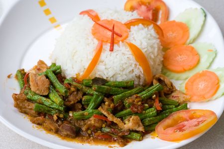 Thai spicy pork curry with rice.の写真素材