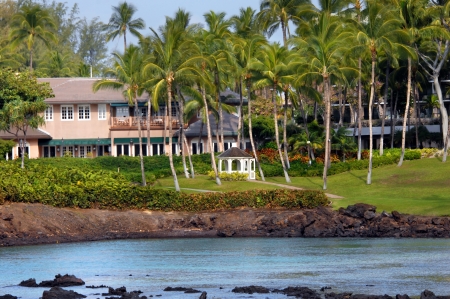 Gazebo is nestled between towering palm trees.  Landscaped grounds, calm ocean waters, and this Big Island of Hawaii getaway, is peaceful and tranquil. のeditorial素材