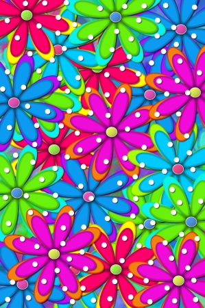 Brilliant daisies in pink, green, red and blue are covered in white polka dots   Flowers are layered in a pattern of 2D petals and dots の写真素材