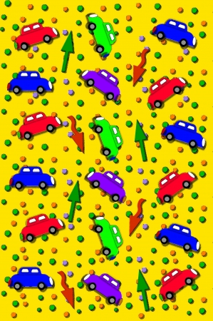 Automobiles ride across graphic with colorful graffitti falling around vehicles   Colorful arrows point different directions の写真素材