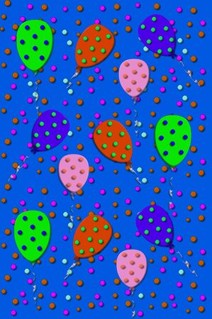 3D balloons float skyward   3D confetti explodes around ballons   Cool colors on blue background の写真素材