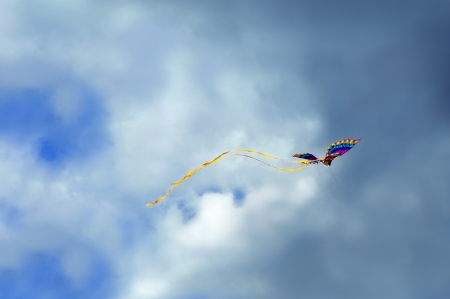 Butterfly kite flies into a storm on the Cape Charles Beach on Assateague Island, Virginia.  Yellow tails flap gracefully from behind kite.の写真素材