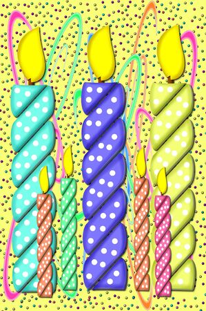 Confetti and streamers fill yellow background.  Twisted candles with white polka dots forms second layer.  Candles come in large and small sizes and have burning flames topping each fun colored column.の写真素材