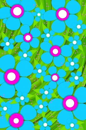 Scrapbooking background of brilliant blue flowers with pink and white centers.  Forrest of green leaves and pink polka dots fill bottom layer.の写真素材