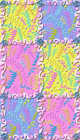 3D textured graphic is an artistic rendition of a baby blanket with shower streamers and polka dots   Squares are in yellow, blue and pink の写真素材