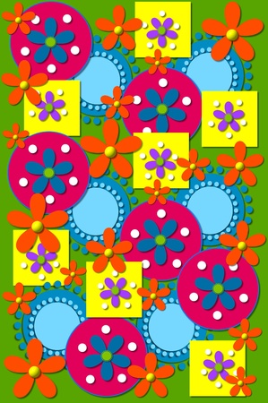 Geometric shapes in yellow, pink and blue cover purple background image   Orange Flowers have yellow centers and blue flowers have green centers の写真素材