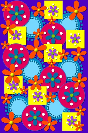 Geometric shapes in yellow, pink and blue cover green  background image   Orange Flowers have yellow centers and blue flowers have green centers の写真素材
