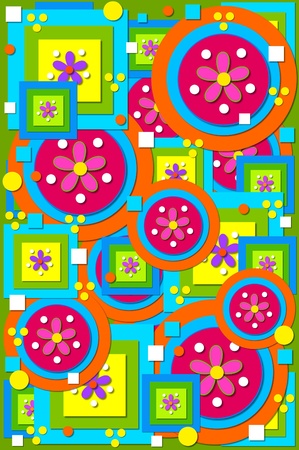 Geometric shapes of circles, squares fill background image   Cool colors of green, blue, pink and orange are layered on a purple background の写真素材