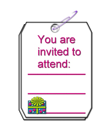 Party invitations are clipped together with purple paperclip   Brightly colored gift sits at bottom of invitation printed in pink   Lines are blank for personalization の写真素材