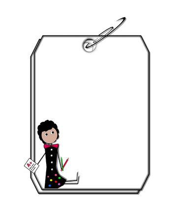Two blank tags are clipped together with black paper clip   Stick figure of teacher sits in corner of blank tag   の写真素材