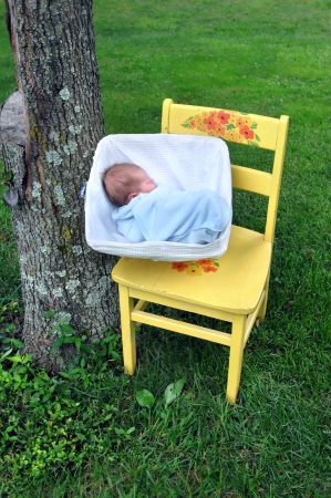 Bright wooden chair holds newborn sleeping in a square, wicker basket.  Green grass and rustic tree trunk frames sweet baby.の写真素材