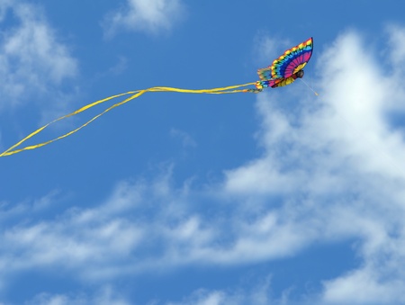 Gorgeous butterfly kite soars against a vivid blue sky at the Cape Charles, Virginia  bayfront beach park.  Butterfly wings are spread and a yellow tail stabalizes kite.の写真素材