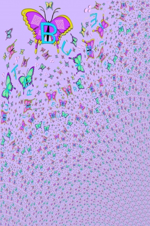 Soft lilac background is filled with fluttering wings of hundreds of butterflies.  The letters spelling "Butterflies" tilt and twist with their flight.の写真素材