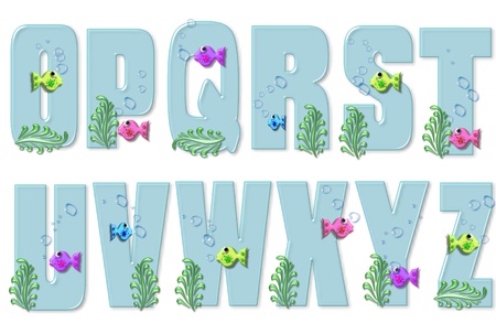 Alphabet letters O to Z are aqua with small colorful fish   Each fun fish has breathing bubbles and bulging eyes の写真素材