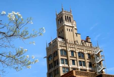 Springtime blooms frame historic Jackson Building in downtown Asheville, North Carolina.のeditorial素材