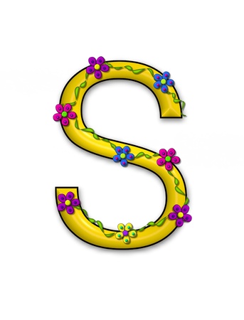 The letter S, in the alphabet set Bursting Blooms, is a yellow letter.  Flowers, vines and daisies twine around 3D letter in vibrant and fun colors.の写真素材