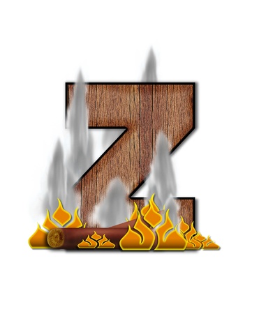 The letter Z, in the alphabet set Burning, is created to look like a piece of lumber surrounded by flames and smoke. Wood grained letter is outlined in black.の写真素材