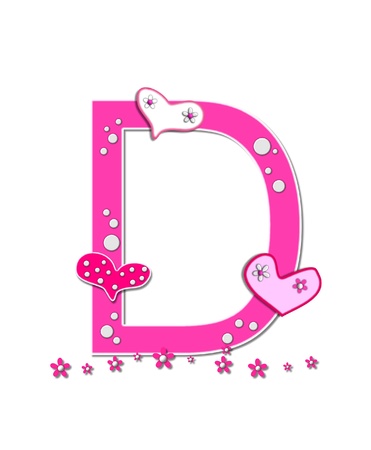 The letter D, in the alphabet set Heartfull, is pink outlined with white   Polka dots and hearts decorate letter with a line of pink flowers at the bottom の写真素材