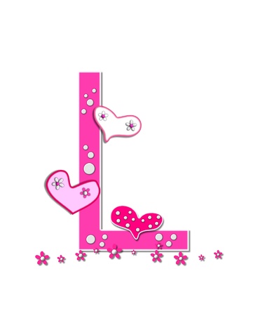 The letter L, in the alphabet set Heartfull, is pink outlined with white Polka dots and hearts decorate letter with a line of pink flowers at the bottom The letter L, in the alphabet set Heartfull, is pink outlined with white Polka dots and hearts decorate letter with a line of pink flowers at the bottom