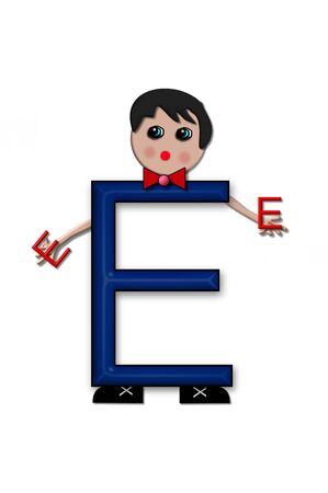 The letter E, in the alphabet set Living Letters, has head, arms and legs.  The boy cartoon figure is also holding a duplicate letter in red.の写真素材