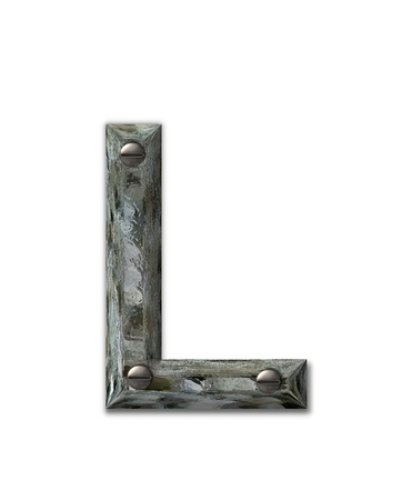 Letter L, in the alphabet set Metal Grunge, is industrial steel fastened with 3d screws.  Letter is dirty and grungy.の写真素材