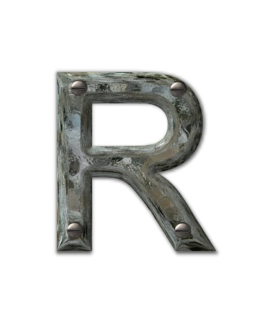 Letter R, in the alphabet set Metal Grunge, is industrial steel fastened with 3d screws.  Letter is dirty and grungy.の写真素材