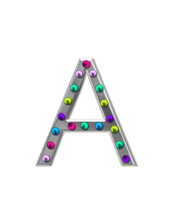 The letter A, in the alphabet set "metal marquee", is silver with colorful lightbulbs in multi-colors.の写真素材